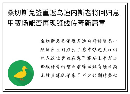 桑切斯免签重返乌迪内斯老将回归意甲赛场能否再现锋线传奇新篇章