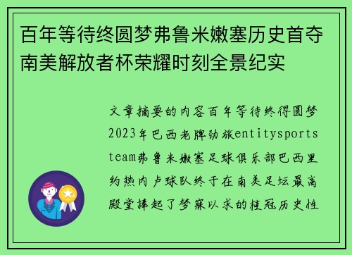 百年等待终圆梦弗鲁米嫩塞历史首夺南美解放者杯荣耀时刻全景纪实