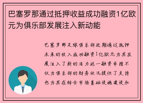 巴塞罗那通过抵押收益成功融资1亿欧元为俱乐部发展注入新动能