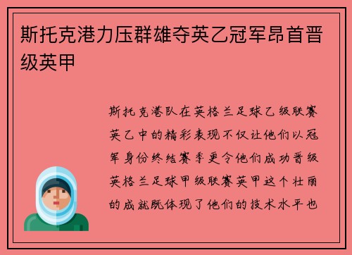 斯托克港力压群雄夺英乙冠军昂首晋级英甲